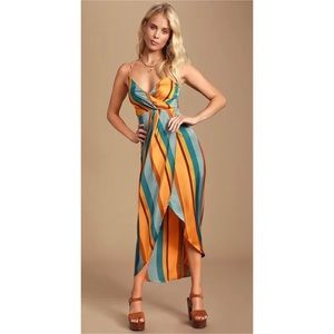 Lulus Jovi Orange Multi Striped Satin High-Low Midi Dress